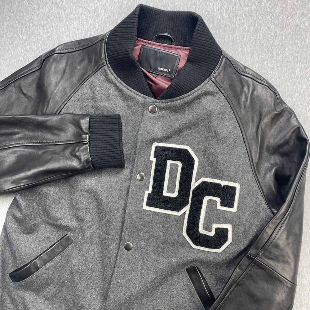 7 Diamonds Jacket Mens 2XL Gray Black Wool Leather Varsity Bomber DC EUC